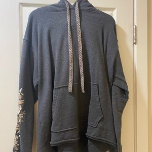 Johnny Was grey pullover sweatshirt with embroidered hood and sleeves. Size L